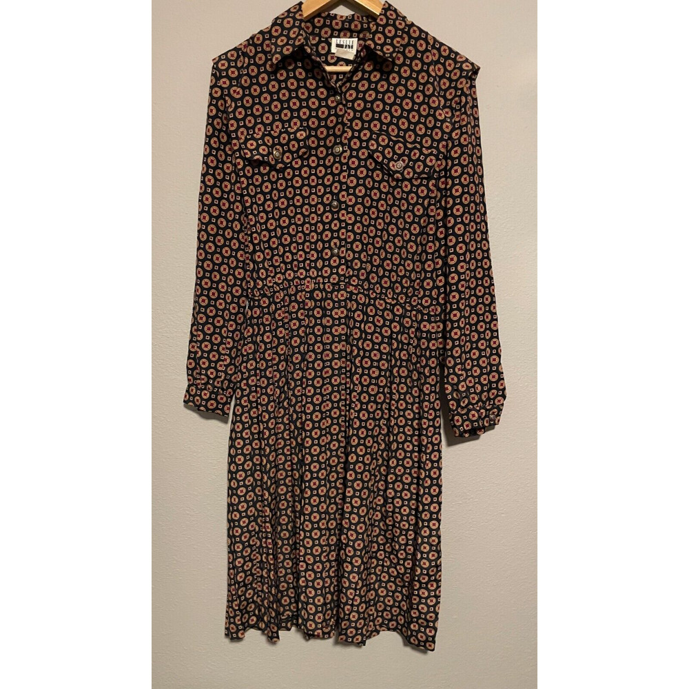 Vintage Leslie Fay Women Size 14 Geometric Satin Pleated Popover Artsy Wacky 80s